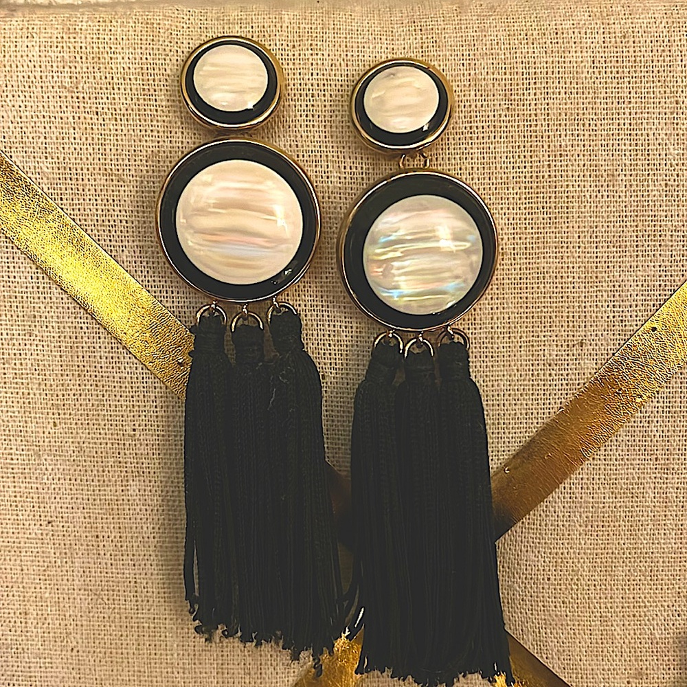 Fringe mother-of-pearl & black statement earrings with drop tassel detail